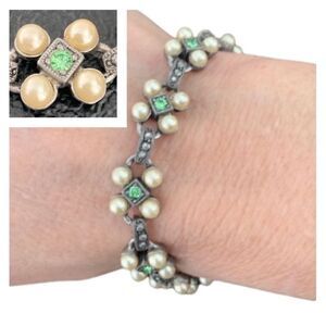 Vintage Mid-Century Bracelet, Faux Pearls & Peridot Glass Crystals, Floral Motif